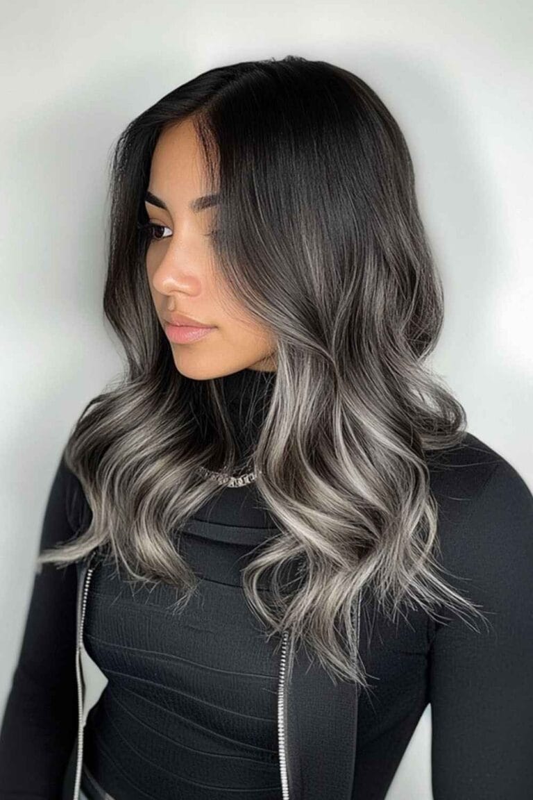 Trending Highlight Colors for Black Hair in 2025 Ash grey balayage with a sleek style