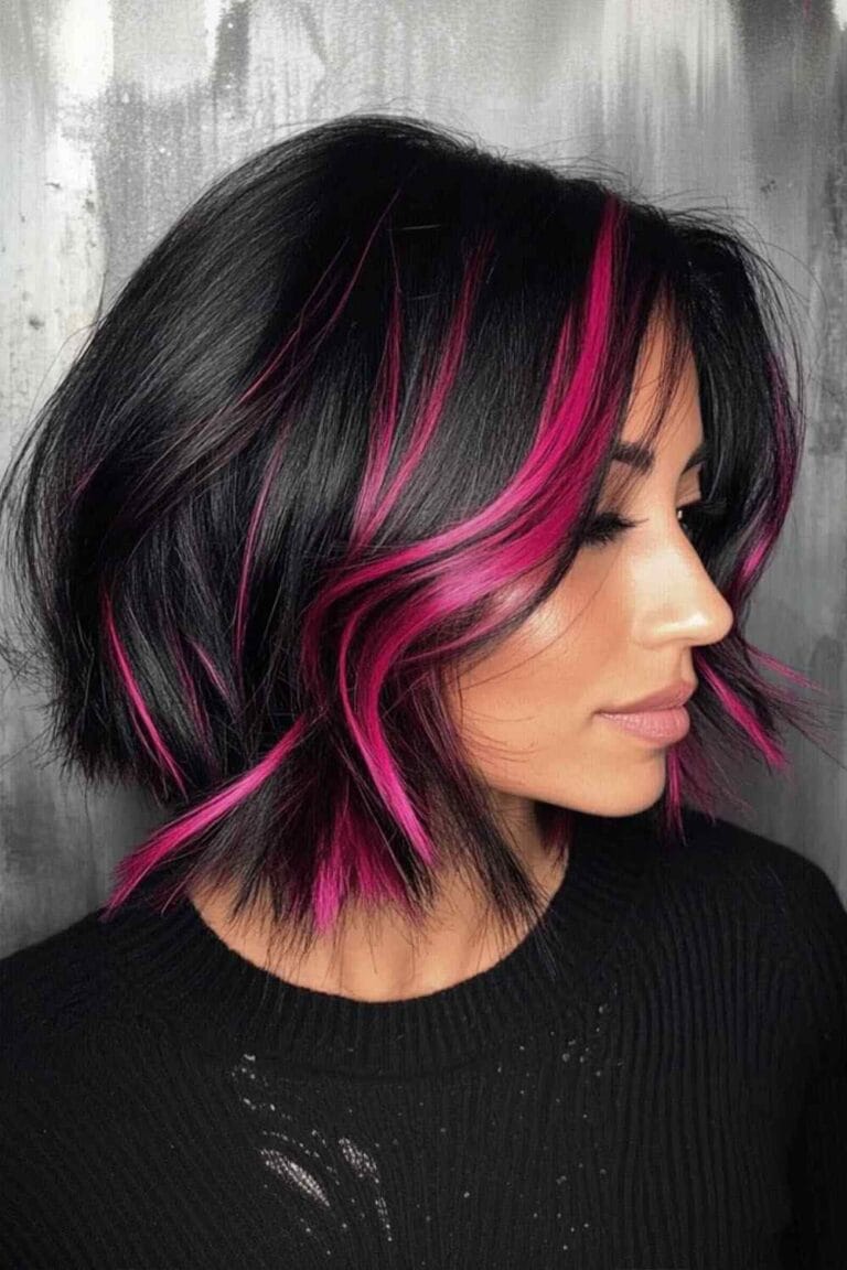 Trending Highlight Colors for Black Hair in 2025 Bold magenta highlights with a choppy
