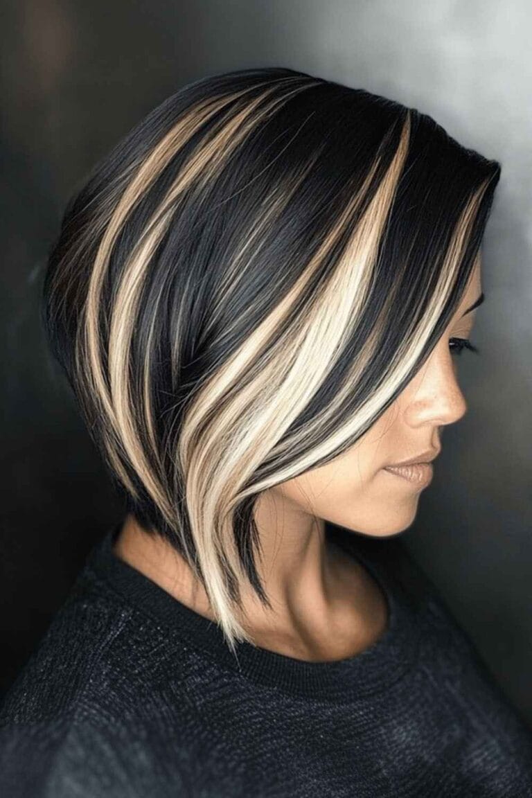Trending Highlight Colors for Black Hair in 2025 Champagne blonde streaks with a U cut