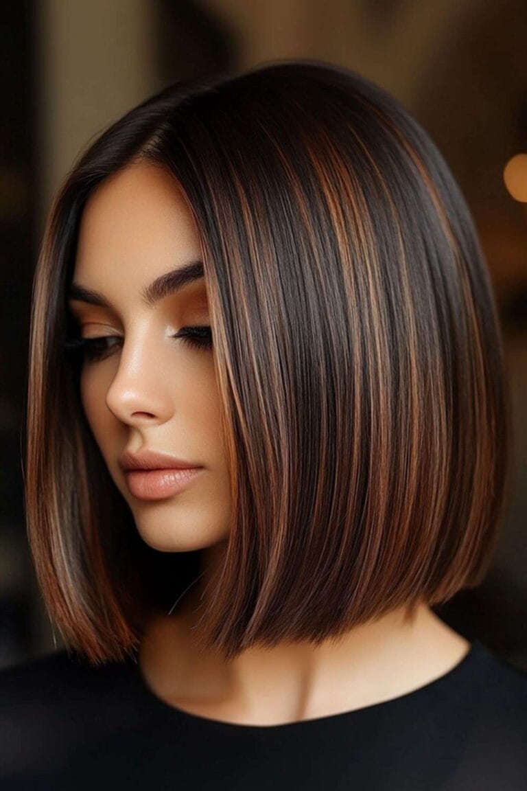 Trending Highlight Colors for Black Hair in 2025 Chestnut brown highlights with a blunt