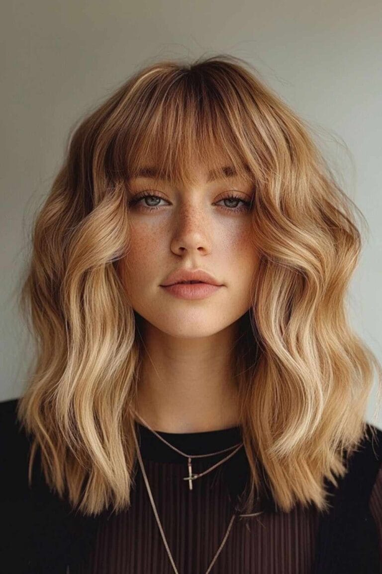 Medium Length Hairstyles That Always Look Good Curtain Bangs Styled with Big Waves