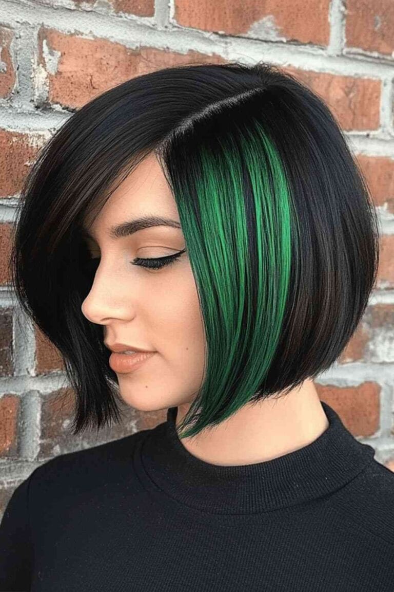 Trending Highlight Colors for Black Hair in 2025 Emerald green peekaboo with a stacked