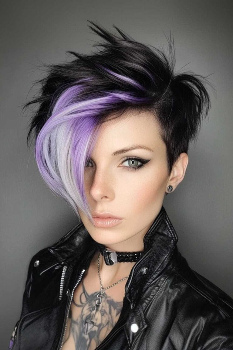 Trending Highlight Colors for Black Hair in 2025 Icy lavender streaks and a trendy wolf
