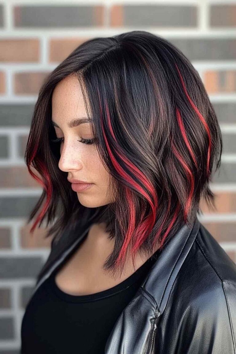 Trending Highlight Colors for Black Hair in 2025 Ruby red highlights with a textured lob
