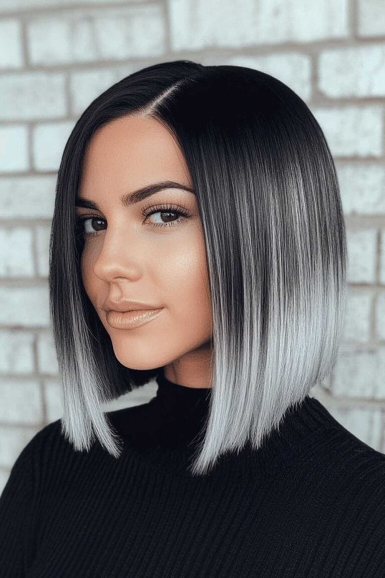 Trending Highlight Colors for Black Hair in 2025 Smokey silver highlights with a short