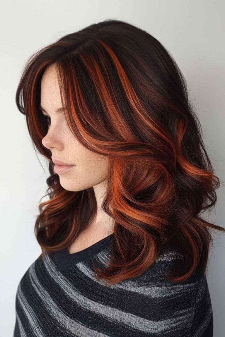 Trending Highlight Colors for Black Hair in 2025 Soft auburn streaks with soft curls