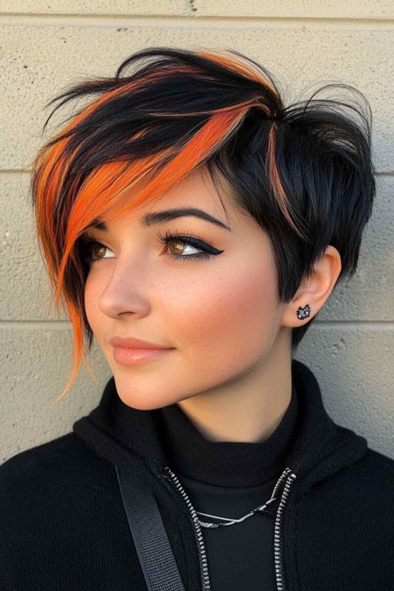 Trending Highlight Colors for Black Hair in 2025 Sunset Orange Highlights with Pixie Hai