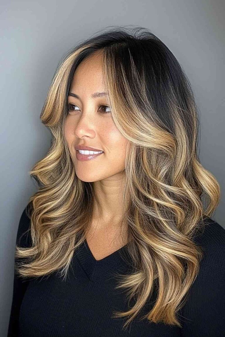 Trending Highlight Colors for Black Hair in 2025 Toffee blonde ribbons with face framing