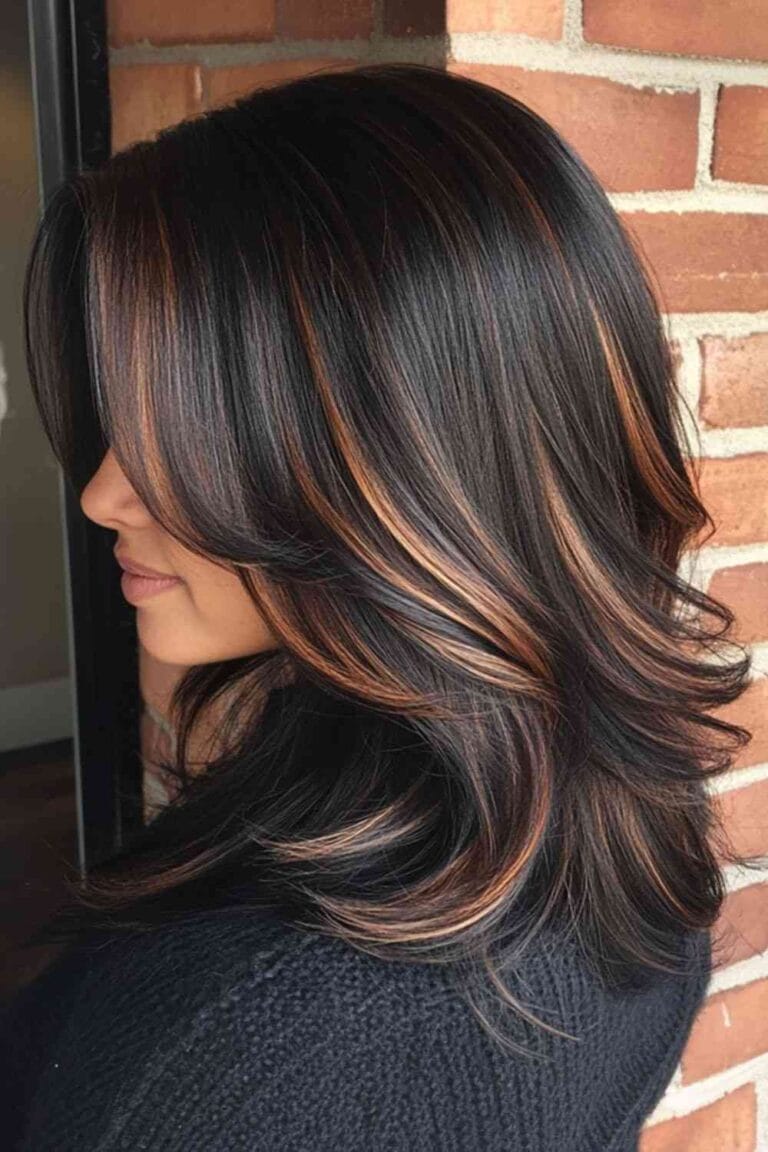 Trending Highlight Colors for Black Hair in 2025 Warm cinnamon balayage and a layered