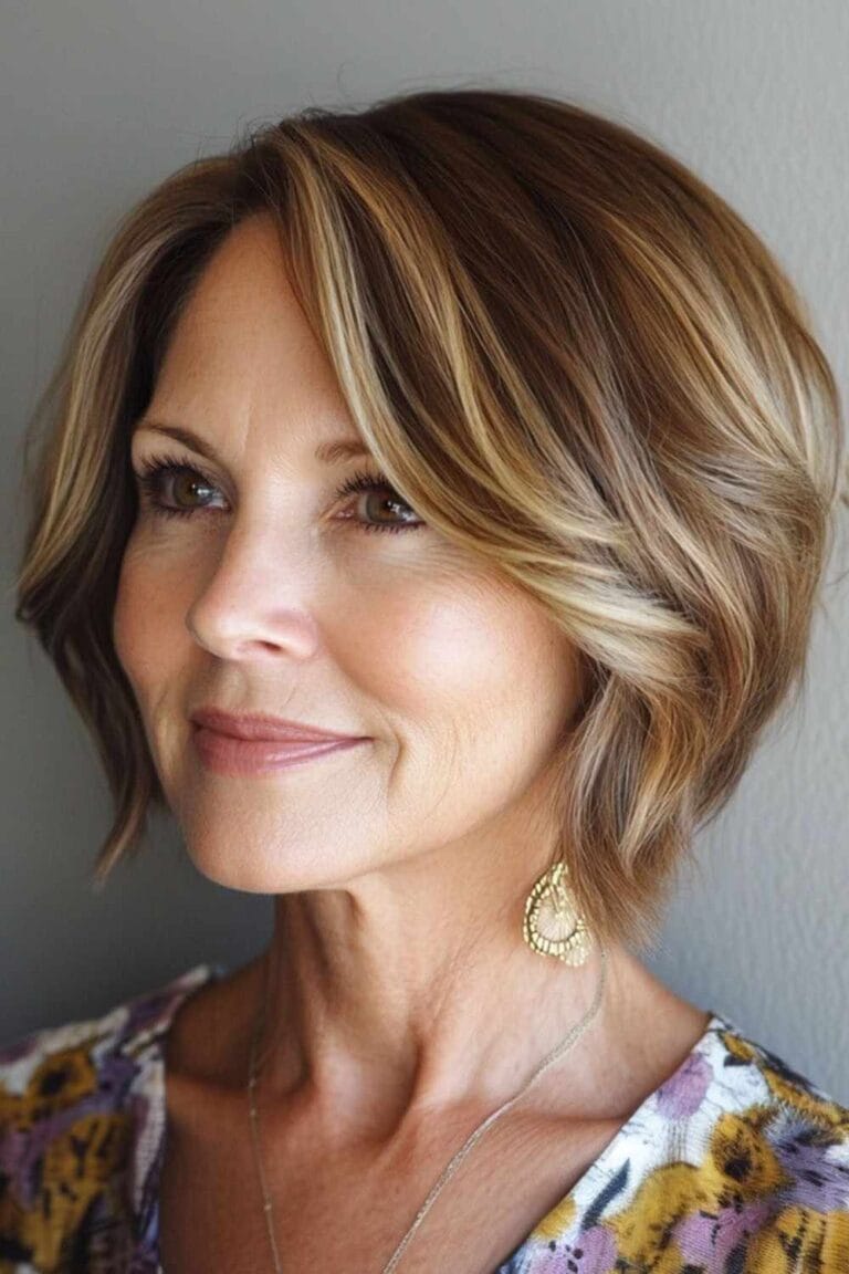 Flattering Hairstyles for Women Over 50 with Thin Hair Angled Bob with Highlights 1