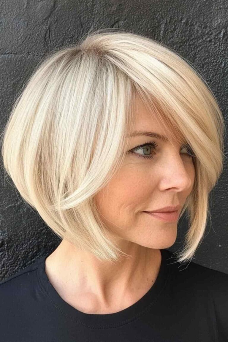 Flattering Hairstyles for Women Over 50 with Thin Hair Asymmetrical Bob 1