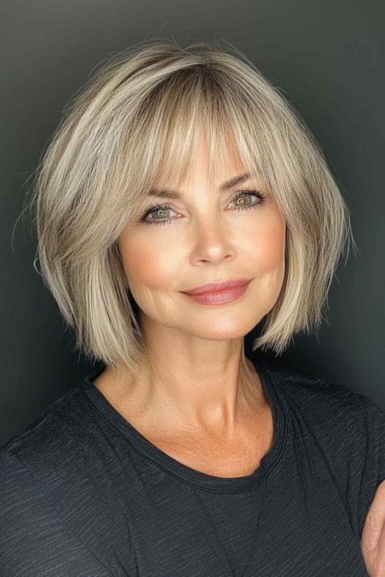 Flattering Hairstyles for Women Over 50 with Thin Hair Chin Length Bob with Bangs 1