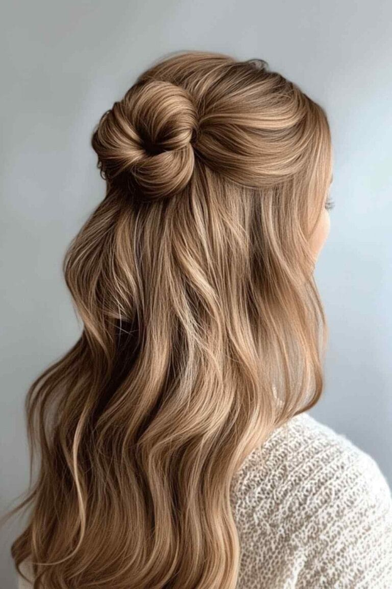 Wavy Hair Ideas for Any Style Vibe Half Up Bun with Waves
