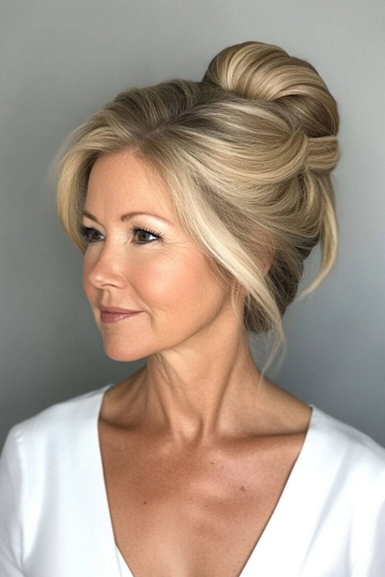 Flattering Hairstyles for Women Over 50 with Thin Hair Half Up Volume Twist or Bun 1