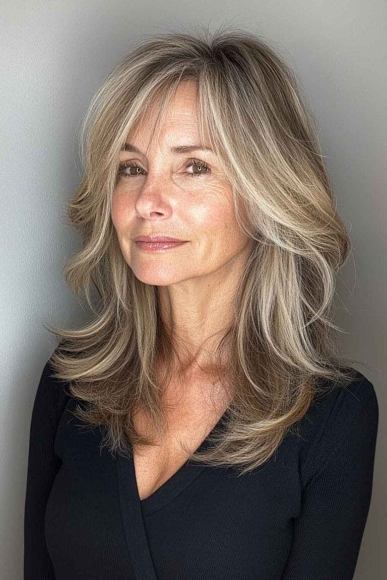 Flattering Hairstyles for Women Over 50 with Thin Hair Layered Shoulder Cut with Curtain Bangs 1