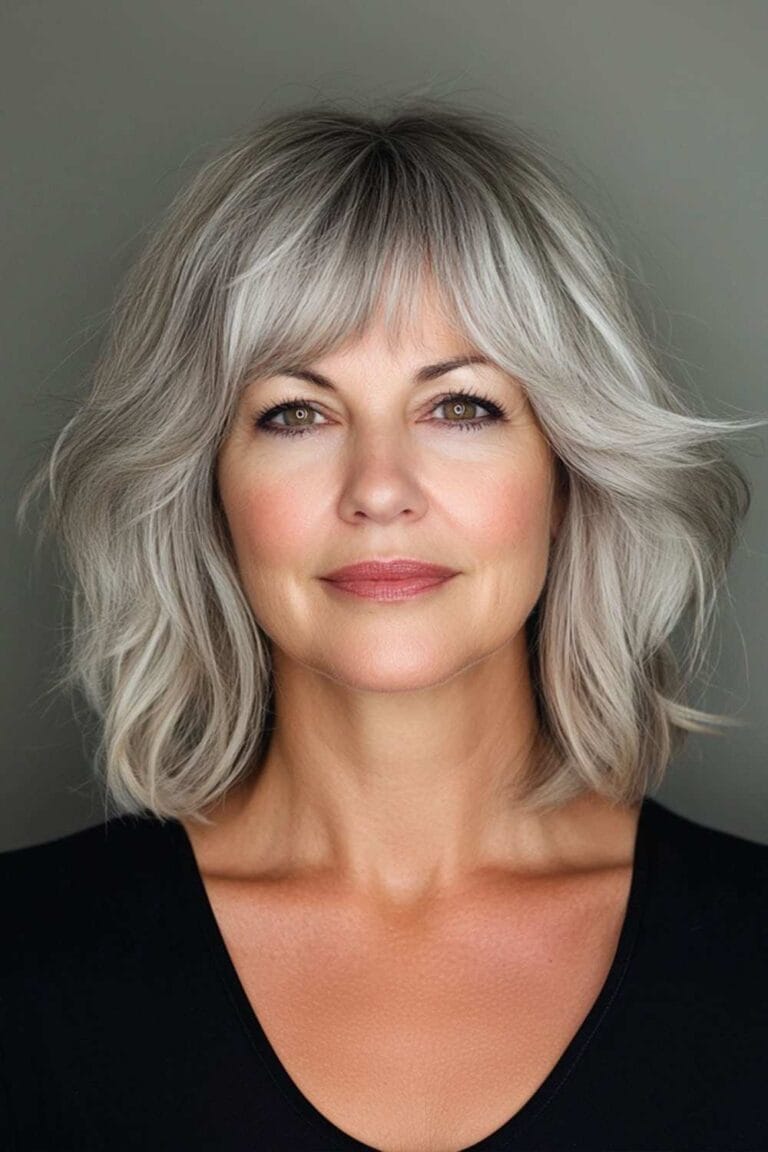 Flattering Hairstyles for Women Over 50 with Thin Hair Wispy Bangs and Medium Cut 1